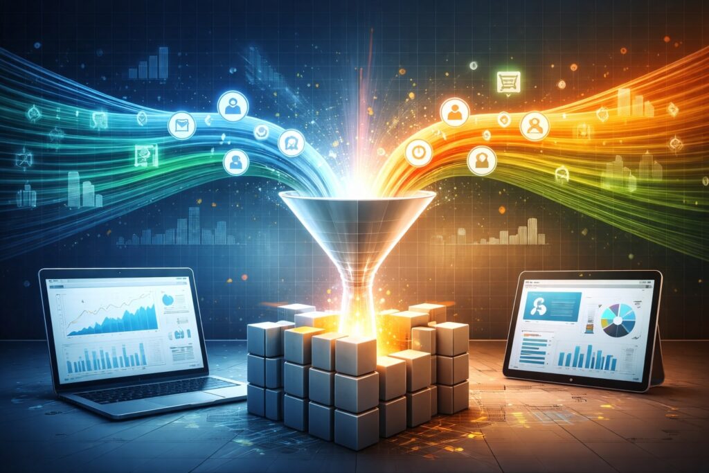 A visual representation of data fragmentation versus data consolidation in a digital network.