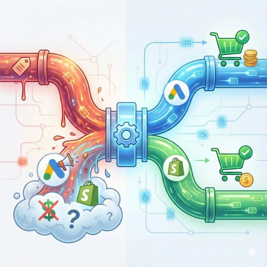 Illustration of fixing the Shopify 'sag_organic' data leak to prevent wasted ad spend.