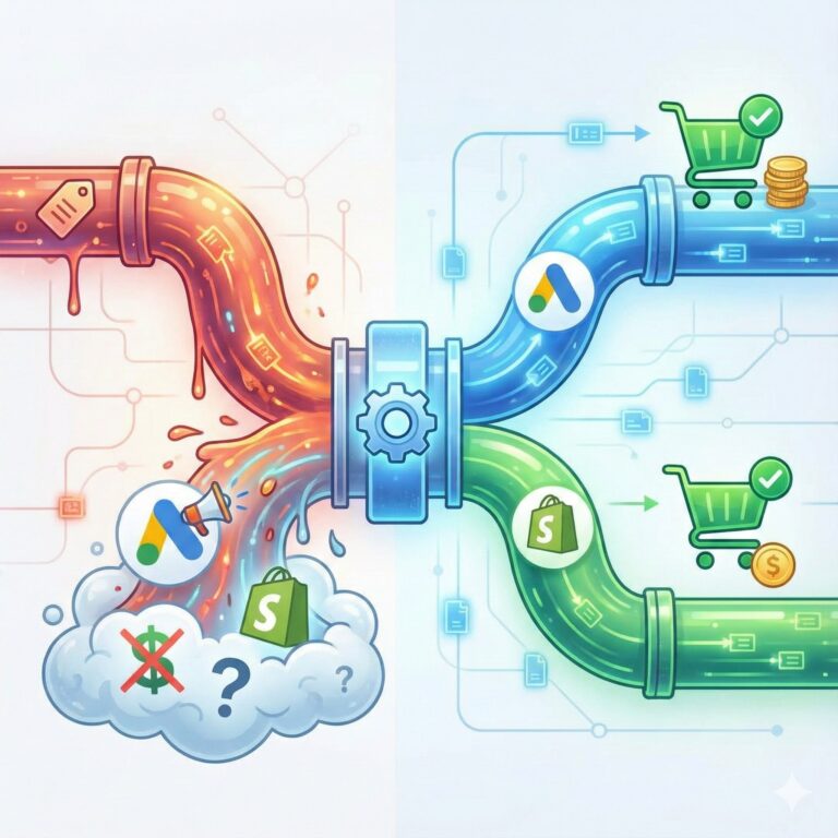 Illustration of fixing the Shopify 'sag_organic' data leak to prevent wasted ad spend.