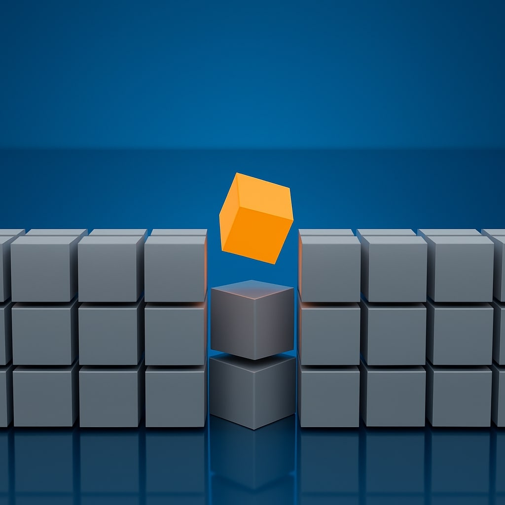 A bright orange block breaking free from a wall of grey blocks, symbolizing how contextual marketing unlocks growth when channels stall.