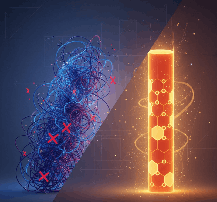 Conceptual split image showing chaotic tangled wires transforming into a glowing structured pillar